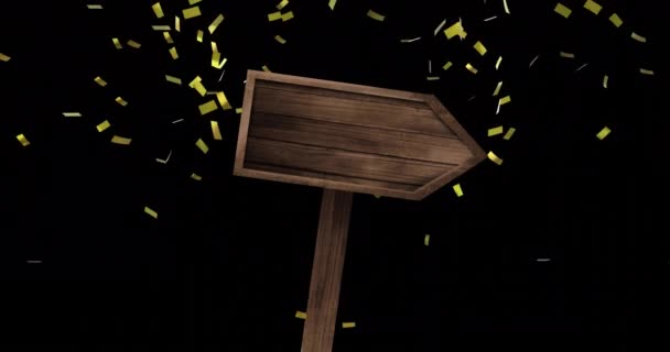 Animation Gold Confetti Black Wooden Signpost Black Background Journey Direction — Stock Video