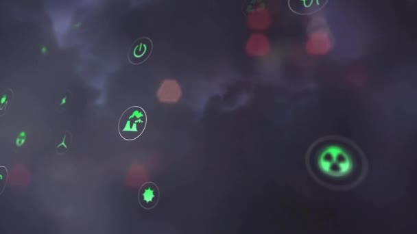 Animation Eco Icons Data Processing Out Focus City Lights Global — Stock Video