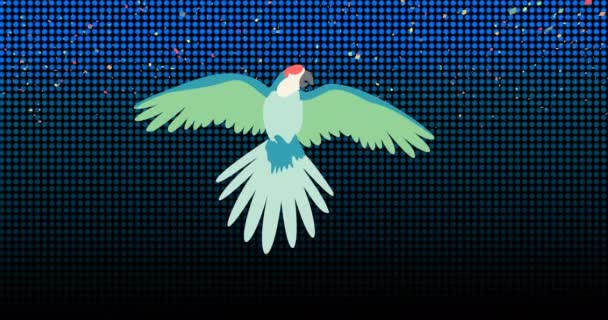 파란색 그리드와 검은색 배경에 콘페티 떨어지는 앵무새의 애니메이션 자유와 디지털 — 비디오