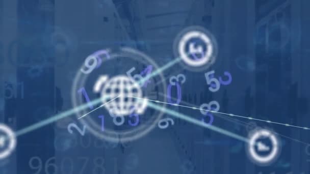 Анимация Сети Соединений Иконками Обработка Данных Через Компьютерные Серверы Глобальный — стоковое видео