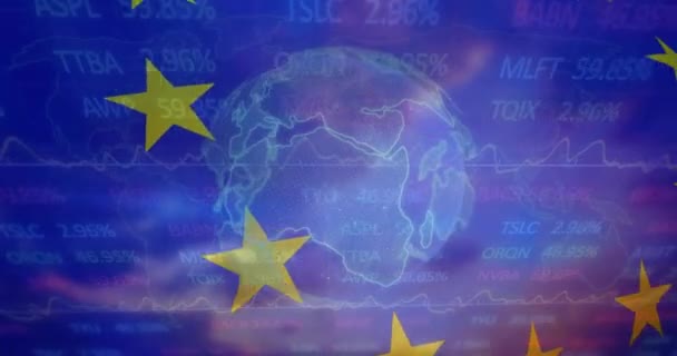 世界中の金融データ処理とヨーロッパ連合の旗のアニメーション グローバルファイナンス ビジネス コネクション コンピューティング データ処理コンセプトデジタル生成ビデオ — ストック動画