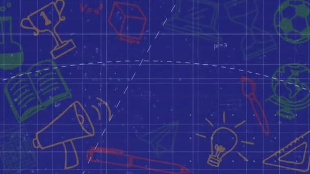Animation Der Mathematischen Datenverarbeitung Und Symbole Auf Blauem Hintergrund Globales — Stockvideo
