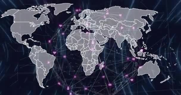ワールドマップ上のスポットとの接続ネットワークのアニメーション グローバル接続 コンピューティング データ処理コンセプトデジタル生成ビデオ — ストック動画