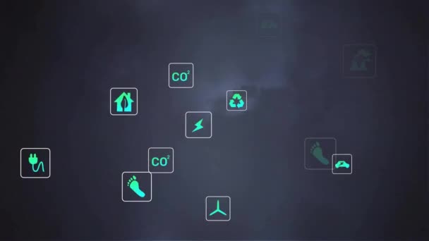 Animação Eco Ícones Processamento Dados Sobre Fora Foco Luzes Cidade — Vídeo de Stock