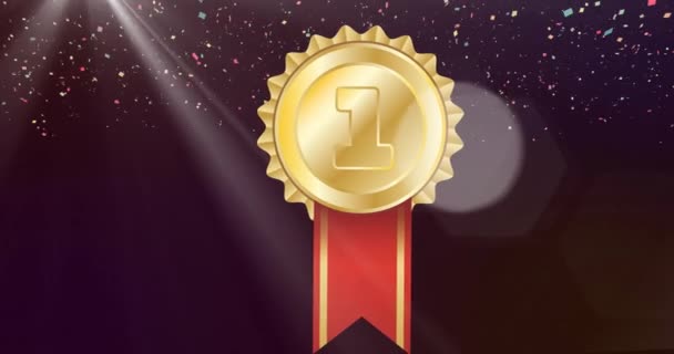 Animação Medalha Ouro Com Número Fita Vermelha Com Confete Caindo — Vídeo de Stock
