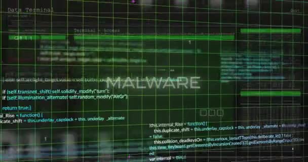 Animation Malware Text Network Processing Data Grid Dark Background Data — Stock Video
