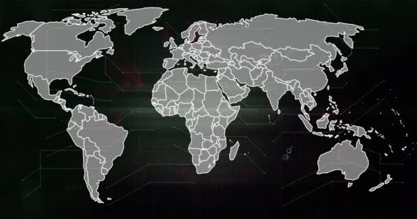 Animering Kretskort Och Världskarta Över Svart Bakgrund Globala Anslutningar Databehandling — Stockvideo