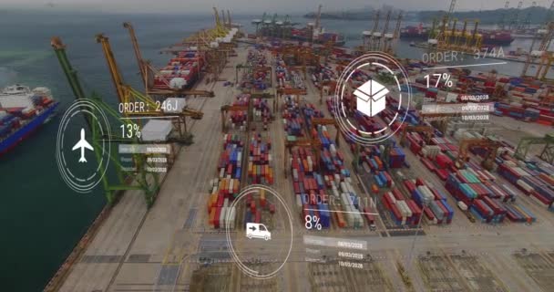Animace Zpracování Dat Ikonami Přes Kontejnerový Port Global Technology Computing — Stock video