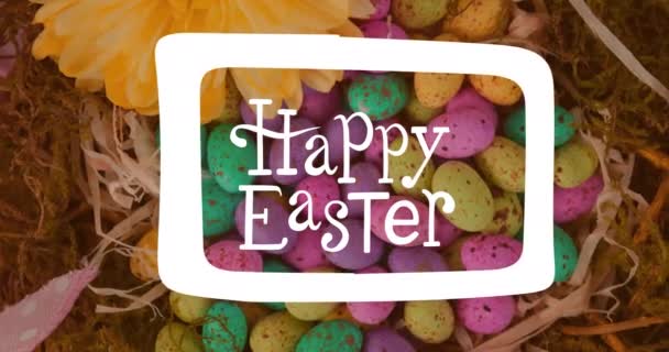 Renkli Paskalya Yumurtaları Üzerinde Mutlu Paskalya Metninin Animasyonu Paskalya Din — Stok video
