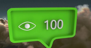 Gökyüzü ve bulutlar üzerinde konuşma baloncuğu üzerinde rakamları olan göz simgesi. küresel sosyal medya ve iletişim konsepti dijital olarak oluşturulmuş görüntü.