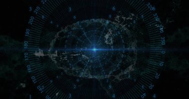 İnsan beyni üzerinde ilerleyen mavi ışık ve veri noktası ve siyah arkaplana karşı dijital dalga. Tıbbi araştırma ve bilim teknolojisi kavramı