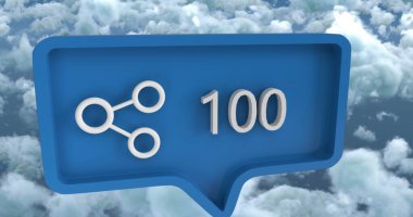 Gökyüzü ve bulutlar üzerinde konuşma baloncuğu üzerinde rakamlar olan kalp ikonu görüntüsü. küresel sosyal medya ve iletişim konsepti dijital olarak oluşturulmuş görüntü.