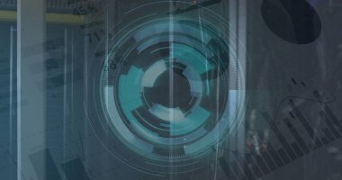 Sunucu odasındaki tarama ve veri işleme görüntüsü. küresel iş ve dijital arayüz kavramı dijital olarak oluşturulmuş görüntü.