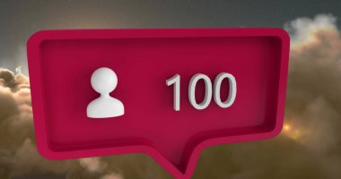 Gökyüzü ve bulutlar üzerinde konuşma baloncuğu üzerinde rakamlar olan insan simgesi. küresel sosyal medya ve iletişim konsepti dijital olarak oluşturulmuş görüntü.