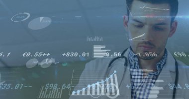 Erkek doktorun istatistik ve veri işleme görüntüsü. tıp, araştırma ve veri işleme kavramı dijital olarak oluşturulmuş görüntü.