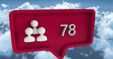 Gökyüzü ve bulutlar üzerinde konuşma baloncuğu üzerinde rakamlar olan insan simgesi. küresel sosyal medya ve iletişim konsepti dijital olarak oluşturulmuş görüntü.