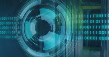 Sunucu odasındaki tarama ve veri işleme görüntüsü. küresel iş ve dijital arayüz kavramı dijital olarak oluşturulmuş görüntü.