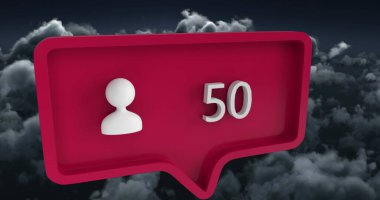 Gökyüzü ve bulutlar üzerinde konuşma baloncuğu üzerinde rakamlar olan insan simgesi. küresel sosyal medya ve iletişim konsepti dijital olarak oluşturulmuş görüntü.