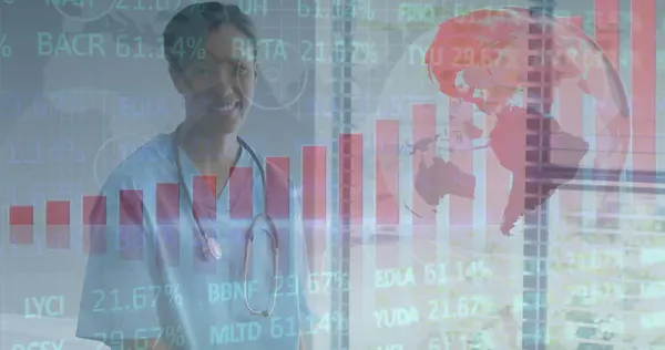 Beeld Van Globe Statistieken Gegevensverwerking Vrouwelijke Arts Medisch Onderzoeks Gegevensverwerkingsconcept — Stockfoto