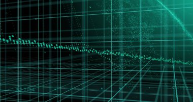 Siyah zemin üzerinde 3d ızgara üzerinde mavi grafik ve işleme verisi resmi. Küresel iletişim, iş, finans ve veri arayüzü kavramı dijital olarak oluşturulmuş görüntü.