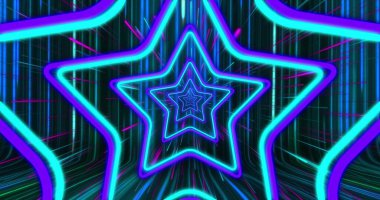 Yıldızların üzerine düşen neon mavi izler. Soyut arkaplan, geçmişe dönük gelecek ve dijital olarak oluşturulmuş görüntü konsepti.