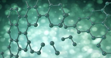 Yeşil zemin üzerinde 3d mikro moleküllerin görüntüsü. Küresel bilim, araştırma ve bağlantılar konsepti dijital olarak oluşturulmuş görüntü.