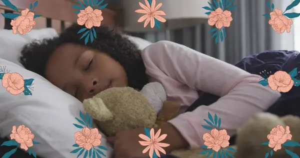 Image of flowers over sleeping african american girl. family life, home and childhood concept digitally generated image. ome