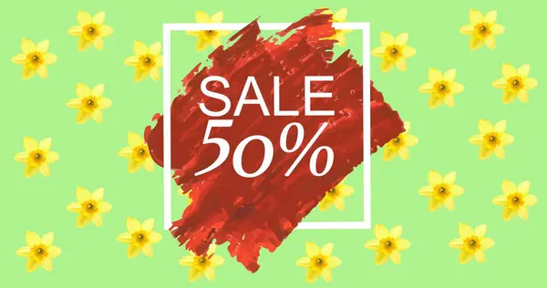 Image of sale 50 percent text over red smudges and flowers moving in hypnotic motion. retail, sales and savings concept digitally generated image.