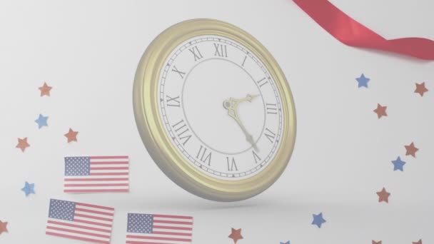 アメリカの国旗を越えた時計のアニメーション グローバルビジネス 愛国心 デジタルインターフェースのコンセプトデジタル生成ビデオ — ストック動画