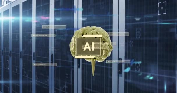 Animatie Van Tekst Hersenen Gegevensverwerking Computerservers Mondiale Kunstmatige Intelligentie Verbindingen — Stockvideo