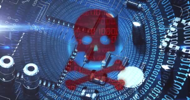Animation Skull Bones Binary Coding Data Processing Computer Servers Global — Stock Video