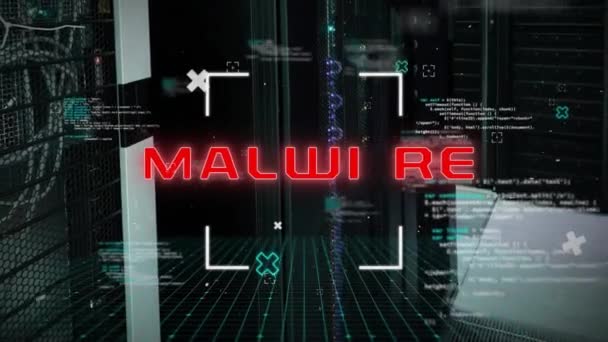 Animering Malware Text Och Digital Databehandling Över Datorservrar Global Cybersäkerhet — Stockvideo