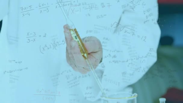 Animación Ecuaciones Matemáticas Sobre Científicos Caucásicos Trabajando Laboratorio Concepto Global — Vídeo de stock