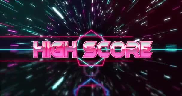 Animatie Van Hoge Score Tekst Metallic Roze Neon Zeshoeken Lichten — Stockvideo