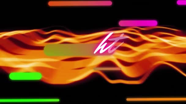 カラフルなラインと黒のオレンジ色の波の上にピンクを輝かせる戦いのテキストのアニメーション レトロ ゲーム ネットワーク データ デジタルインターフェース デジタル生成されたビデオ — ストック動画