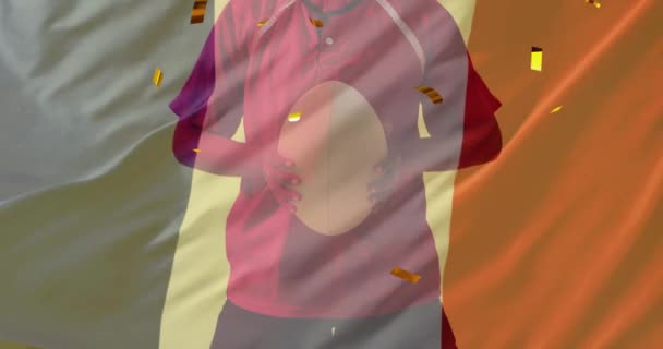 Анимация Конфетти Флага Франции Над Расисткой Регбисткой Спорт Патриотизм Празднование — стоковое видео