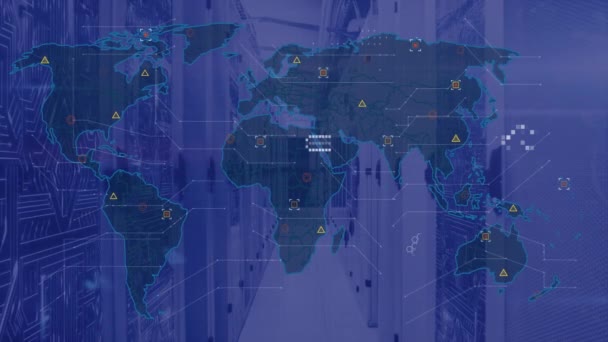 Animação Processamento Dados Digitais Através Mapas Mundiais Servidores Computador Conexões — Vídeo de Stock