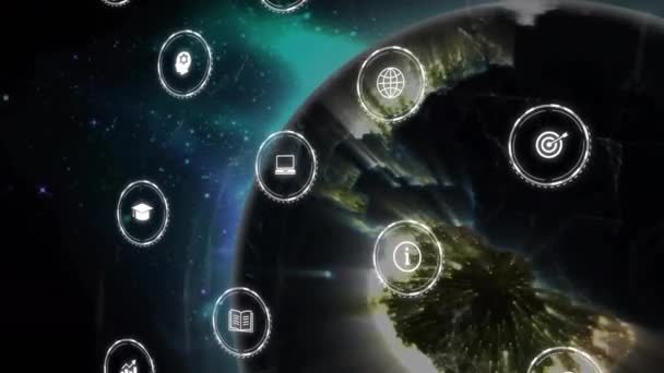 Animacja Ikon Lunetą Skanującą Globus Czarnym Tle Globalna Technologia Połączenia — Wideo stockowe