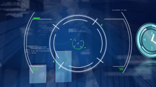 Animatie Van Scope Scanning Diagrammen Klok Gegevensverwerking Mondiale Technologie Digitaal — Stockvideo