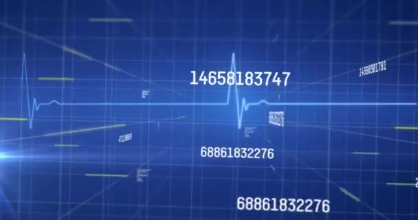 Animation Data Processing Heartbeat Monitor Grids Blue Background Data Network — Stock Video
