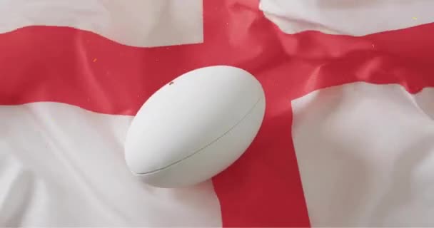 Ngiliz Bayrağı Üzerinde Beyaz Rugby Topu Üzerinde Konfeti Animasyonu Rugby — Stok video