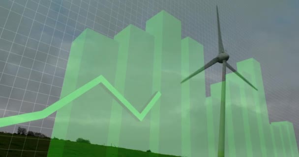 Rüzgar Türbinleri Üzerinde Finansal Veri Işleme Animasyonu Küresel Rüzgar Enerjisi — Stok video