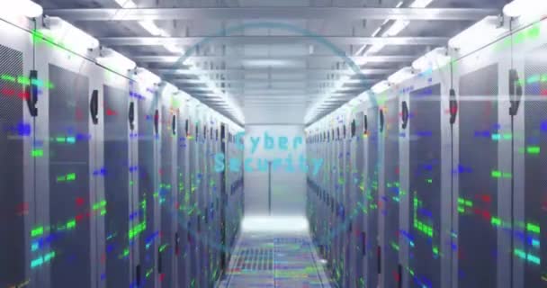 Анімація Тексту Кібербезпеки Цифровою Обробкою Даних Над Комп Ютерними Серверами — стокове відео