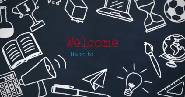 Анимация Приветствия Школьном Учебнике Школьных Принадлежностях Черном Фоне Глобальное Образование — стоковое видео