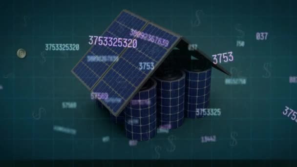 动画的数据处理超过美元和房子太阳能电池板 全球旅行 技术和数字接口概念数字生成的视频 — 图库视频影像