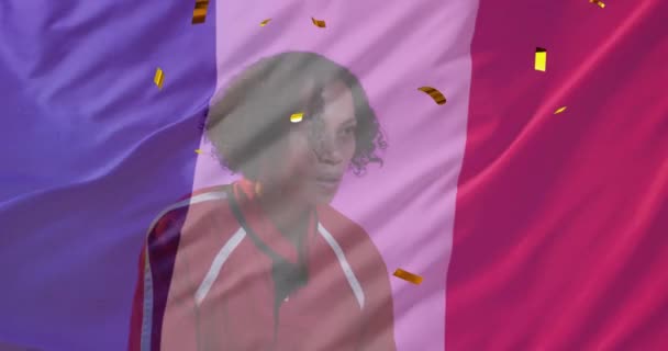 Анімація Конфетті Прапор Франції Над Жінкою Грає Регбі Спорт Патріотизм — стокове відео