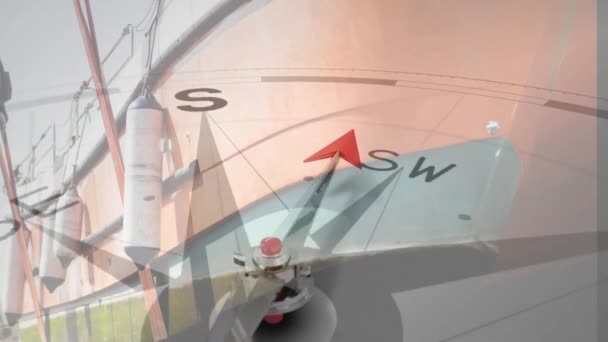 Animace Kompasu Šipkou Ukazující Cestovní Text Nad Částí Lodi Doprava — Stock video