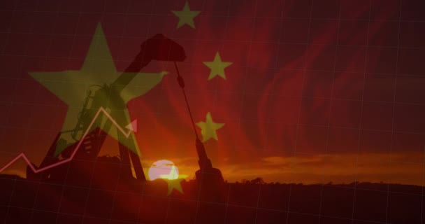 Animacja Wykresu Pompowania Ropy Zachodzie Słońca Nad Flagą Chin Chiński — Wideo stockowe
