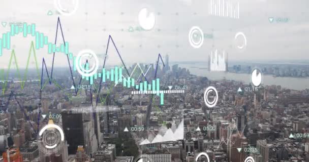 Şehir Manzarası Üzerinde Veri Işleme Çizelgeleri Grafiklerin Animasyonu Veri Dijital — Stok video