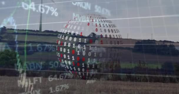 Animation Globe Binary Coding Digital Data Processing Wind Turbine Global — Stock Video